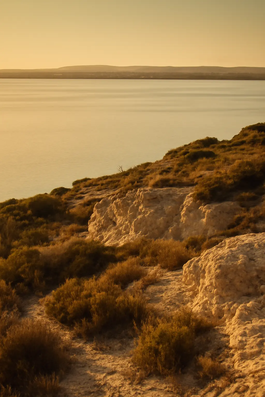 The salt flats and limestone hills of the Étang de Thau near Frontignan at golden hour.