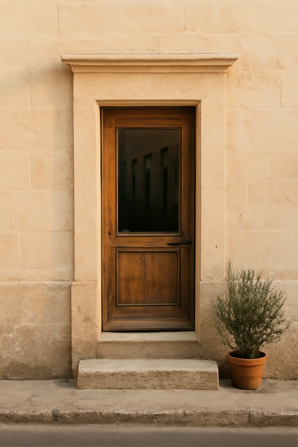 The stone entrance and weathered wooden door of a small coastal office building.
