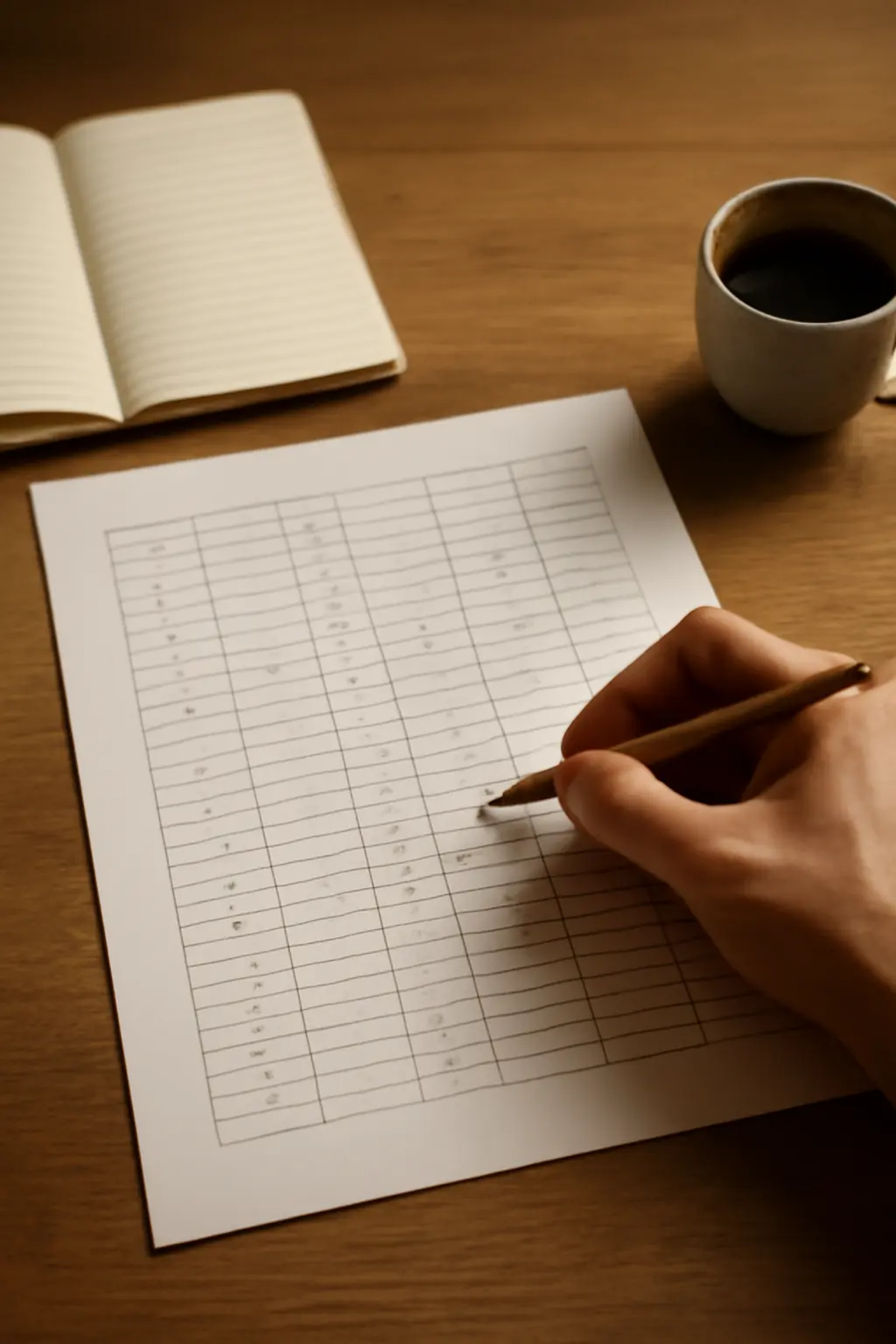 A hand marking up a printed document on a ruled notebook page at a sunlit desk.