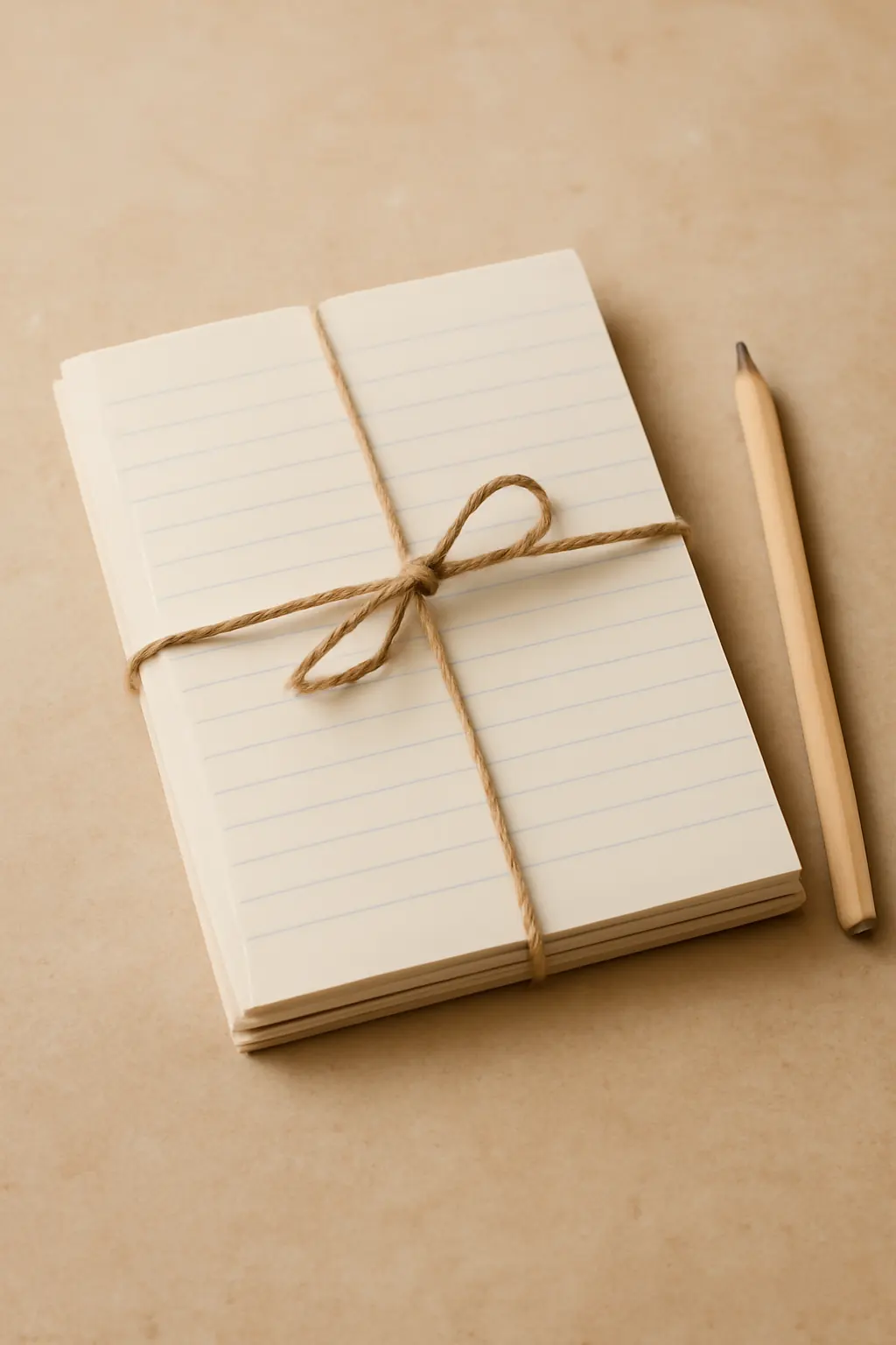 A stack of ruled ledger papers tied with string on a limestone desk surface.