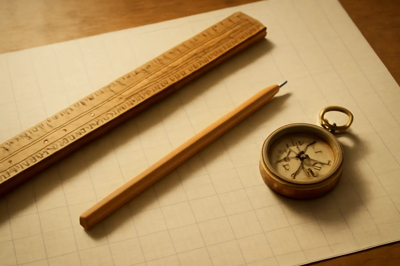 A folding ruler and pencil resting on ruled graph paper, lit from the side.